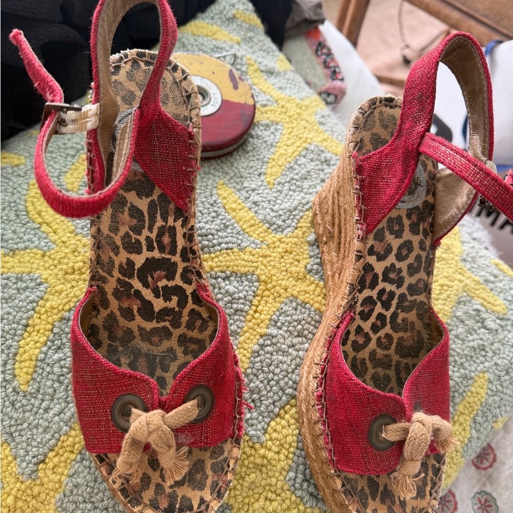 Red Leopard-Print Espadrille Wedge Sandals